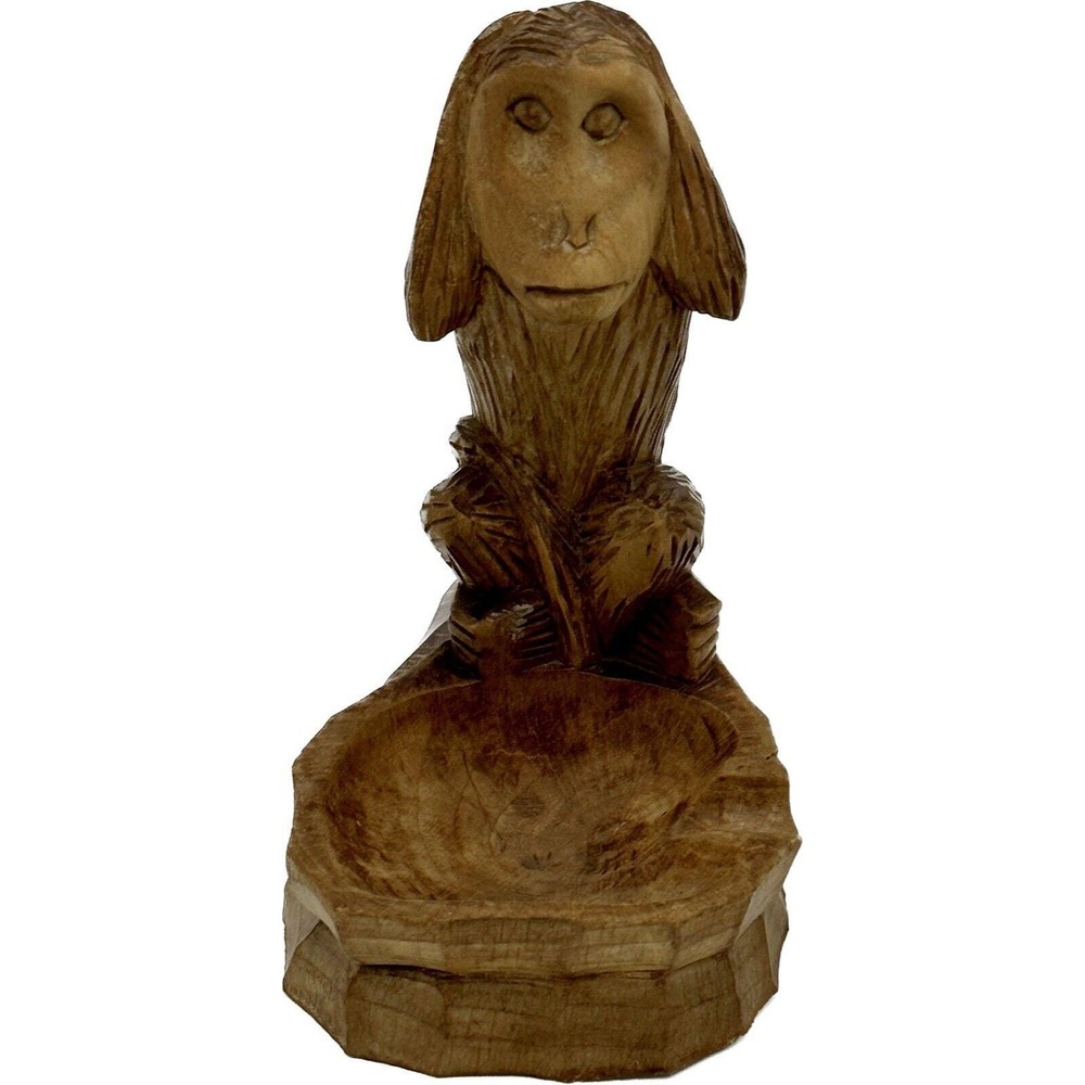 Vtg Wooden Hand Carved Monkey Ashtray Hear No Evil Sitting Statue Cigar Wood HTF